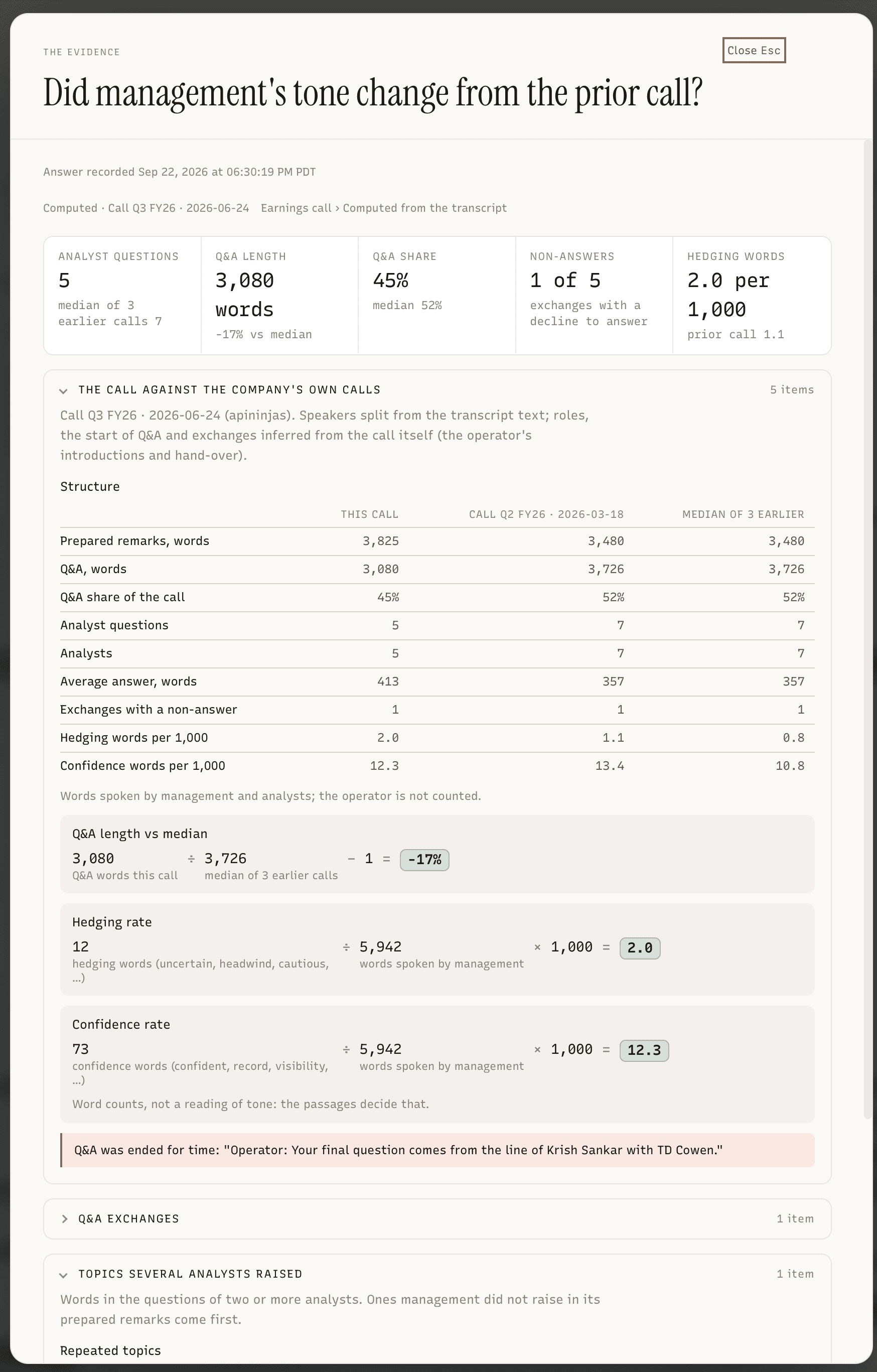 Amten evidence view showing how management tone changed from the prior earnings call