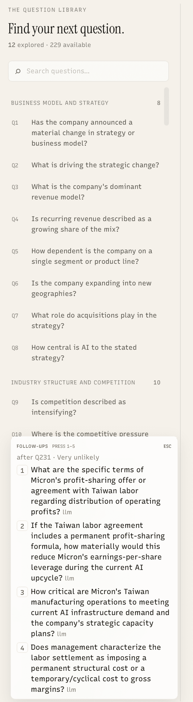 Amten follow-up panel with AI-generated questions after an answer